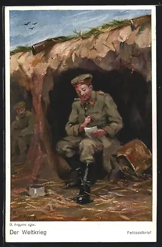 Künstler-AK Soldaten beim Verfassen der Feldpost im Schützengraben