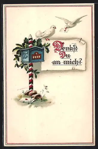 Künstler-AK Denkst du an mich? Briefkasten, Brieftaube mit Brief im Schnabel