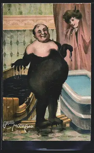 AK beleibter Mann nach dem Moorbad wird von der Frau beobachtet