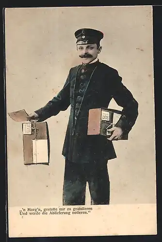 AK Briefträger mit Paketen, n Morg`n gestatte mir zu gratulieren...
