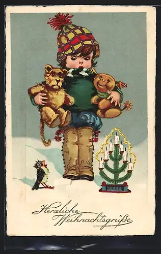 AK Kind hält ihr Spielzeug im Schnee auf den Armen, Spielzeug-Löwe