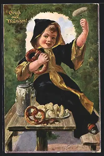 Künstler-AK Münchner Kindl mit Brezel und Weisswurst