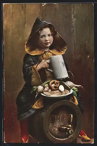 Künstler-AK Münchner Kindl mit Brezel und Bierkrug sitzend auf einem Fass