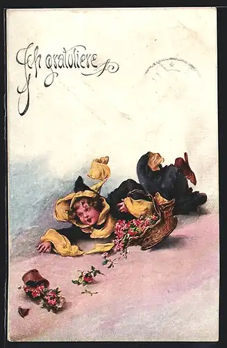 Künstler-AK Münchner Kindl gestürzt mit Korb voller Blume