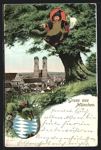 Künstler-AK München, Münchner Kindlsitzt mit Bierkrug in einem Baum, Wappen
