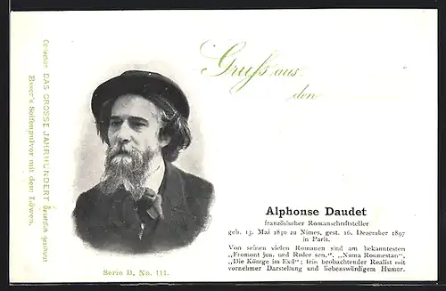 AK Portrait Schriftsteller Alphonse Daudet mit Hut und Bart im Anzug mit Querbinder