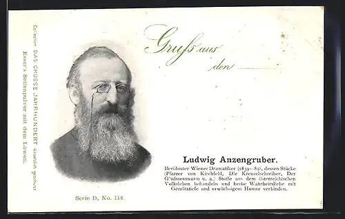 AK Portrait Schriftsteller Ludwig Anzengruber mit Brille