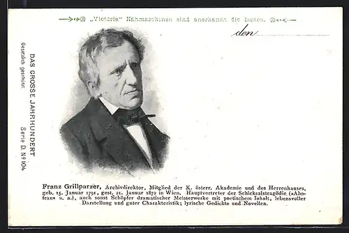 AK Portrait Franz Grillparzer, Archivdirektor