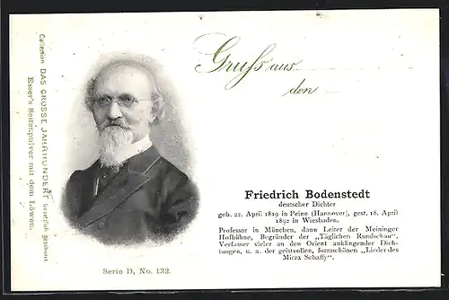 AK Portrait Dichter Friedrich Bodenstedt mit Brille und Bart im Anzug