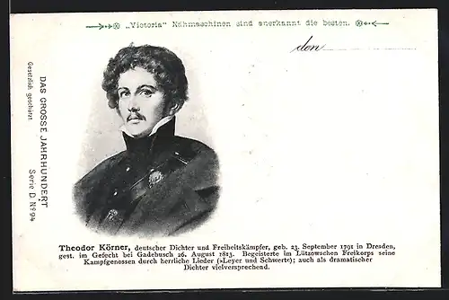 AK Theodor Körner, deutscher Dichter und Freiheitskämpfer