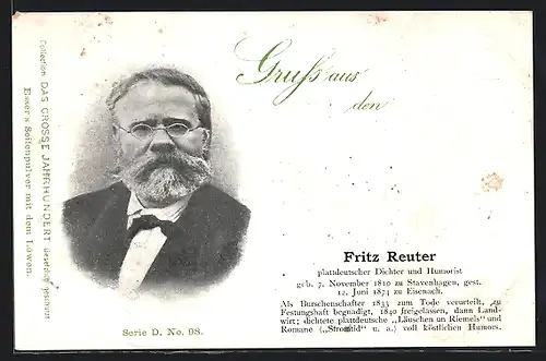 AK Fritz Reuter, Plattdeutscher Dichter und Humorist, 1810-1874