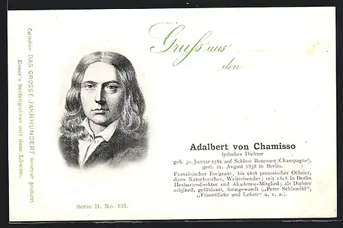 AK Portrait Schrifsteller Adalbert von Chamisso mit gewelltem Haar