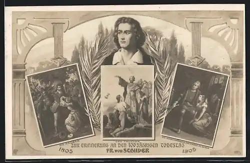 AK 100. Todestag Schillers 1905, Portrait und Werks-Szenen