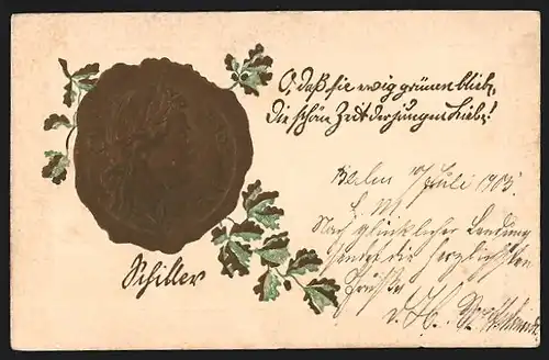 Präge-AK Konterfei Schillers, zum 100sten Todestag 1905