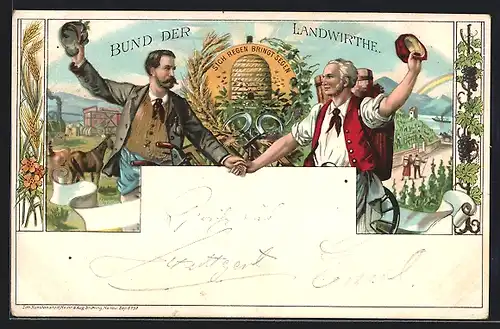 Lithographie Bund der Landwirthe, Landwirthe halten sich an Händen, Imkerei