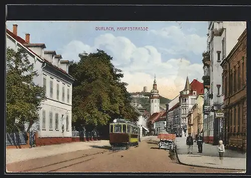AK Durlach, Strassenbahn in der Hauptstrasse
