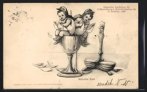 AK Hamburg, Ausstellung für Volksernährung und Gesundheitspflege 1898, Zwei Kinder mit Eierschalen im Eierbecher