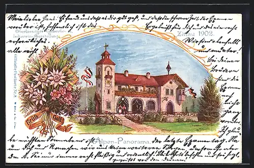 AK Oberlausitzer Gewerbe- u. Industrie-Ausstellung, Alpen-Panorama, Kirche