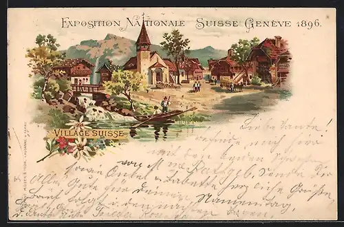 Lithographie Geneve, Exposition Nationale Suisse 1896, Village Suisse, Ruderboot, Pferdewagen