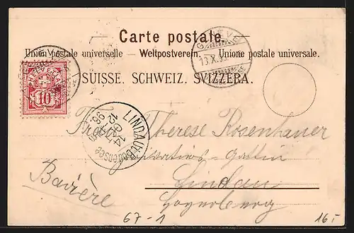 Lithographie Geneve, Exposition Nationale Suisse 1896, Village Suisse, Ruderboot, Pferdewagen