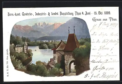 AK Thun, Gewerbe-, Industrie & landw. Ausstellung 1899, Ortspartie mit Wasserblick und Bergen