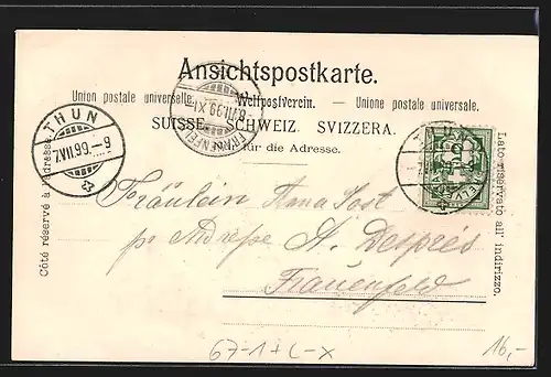 AK Thun, Gewerbe-, Industrie & landw. Ausstellung 1899, Ortspartie mit Wasserblick und Bergen