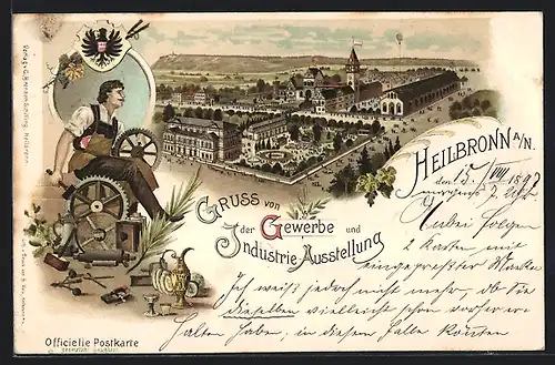 Lithographie Heilbronn, Gewerbe- und Industrieausstellung 1897, Handwerker, Ortspartie aus der Vogelschau