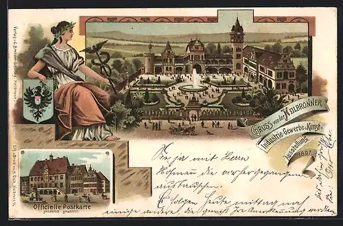 Lithographie Heilbronn, Industrie-Gewerbe- u. Kunst-Ausstellung 1897, Ausstellungshalle, Denkmal