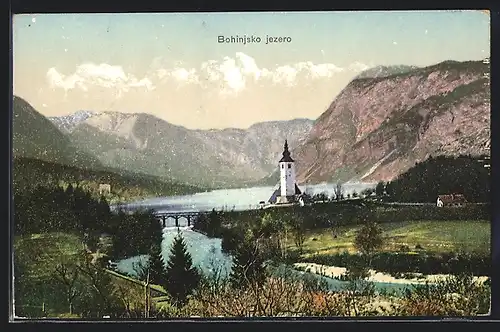 AK Bohinjsko jezero, Kirche gegen See und Berge