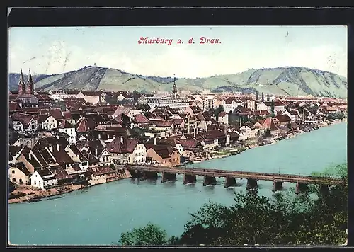AK Marburg a. d. Drau, Teilansicht mit Brücke aus der Vogelschau