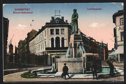 AK Darmstadt, Karl Rittershaus und Bismarckdenkmal auf dem Ludwigsplatz