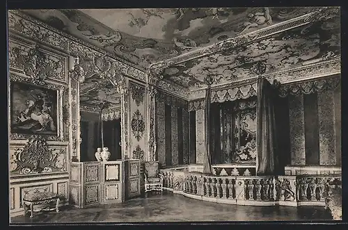 AK Schleissheim b. München, Kgl. Schloss und Gemälde Galerie, Schlafzimmer Kaiser Karl VII