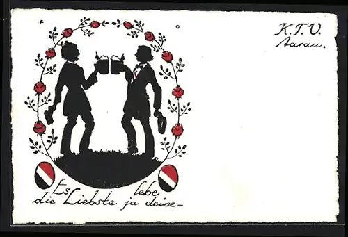 Künstler-AK Aarau, K. T. V. Aarau, Zwei Studenten mit Bierkrügen, studentische Szene, Schattenbild