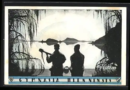 Künstler-AK Biel, Gymnasia Biennensis, Pärchen mit Laute am abentlichen See