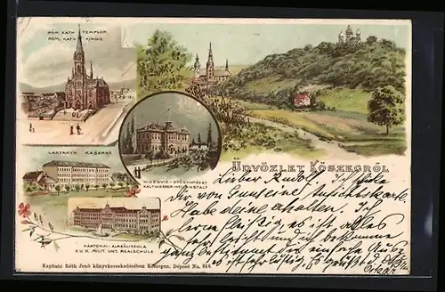 Lithographie Köszeg, Laktanya, Kantonai Alrealiskola, Róm. kath Templom