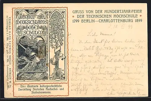 Lithographie Berlin-Charlottenburg, Gruss von der Hundertjahr-Feier der Technischen Hochschule 1899, studentische Szene