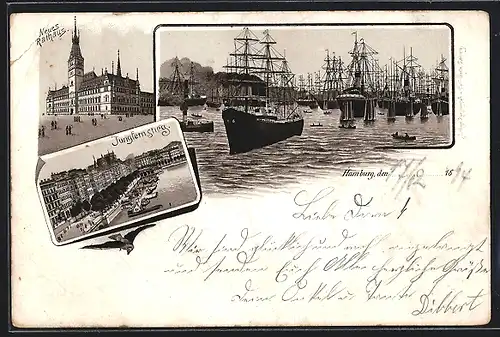 Vorläufer-Lithographie Hamburg, 1894, Hafen, Jungfernstieg, Neues Rathaus
