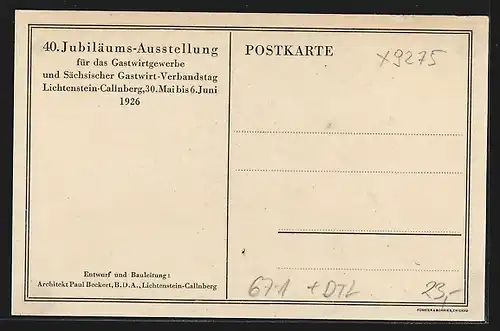 Künstler-AK Lichtenstein-Callnberg, 40. Jubiläums-Ausstellung für das Gastwirtgewerbe 1926