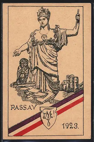 Künstler-AK Passau, Studentenwappen, Eule, Germania