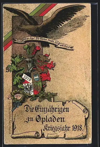 Künstler-AK Opladen, Die Einjährigen zu Opladen, Kriegsjahr 1918, Absolvia, Wappen