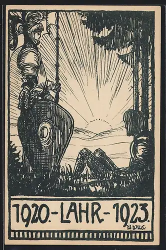 AK Lahr, Absolvia 1920-1923, Ritter mit Rüstung, Student blickt zur aufgehenden Sonne