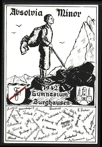 AK Burghausen, Absolvia Minor 1942 des Gymnasiums, junger Bergsteiger blickt zum Gipfel