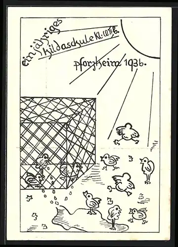 AK Pforzheim, Einjähriges, Hildaschule 1936, Absolvia, Küken im Käfig