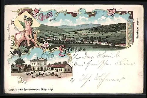 Lithographie Laab am Walde, Weissenberger`s Gasthof, Blick auf den Ort