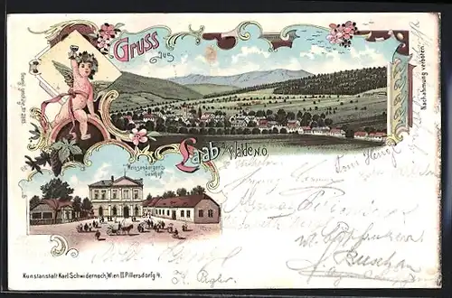 Lithographie Laab a. Walde, Weissenberger`s Gasthof, Ortsansicht