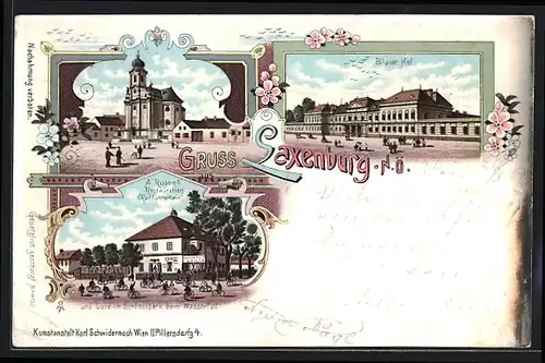 Lithographie Laxenburg, Restauration A. Russin, Blauer Hof