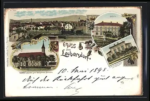 Lithographie Leobersdorf, Schule, Wallfahrtskirche