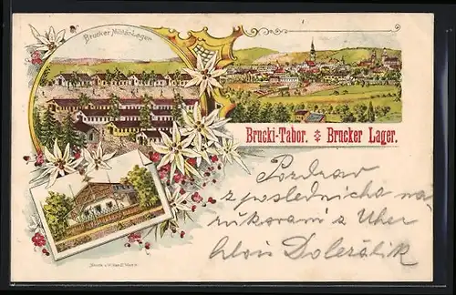 Lithographie Bruck, Brucker Militär-Lager, Gebäudeansicht, Teilansicht