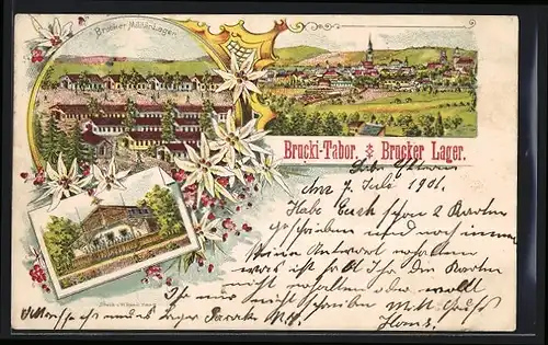 Lithographie Bruck, Brucker Militär-Lager, Gebäudeansicht, Teilansicht