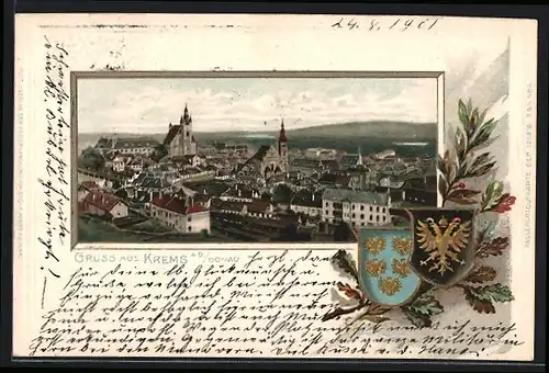Präge-AK Krems a. d. Donau, Teilansicht, Wappen, Passepartout